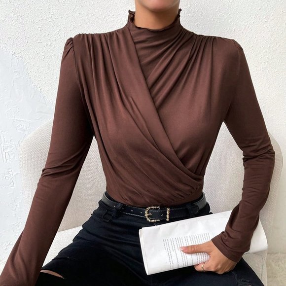 . Tops - Brown Casual Womens Solid Ruched Mock Neck Tee